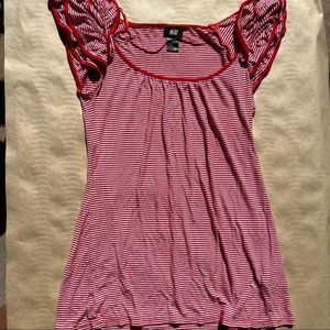 H&M Red & White Stripe Ruffle Sleeve T-shirt